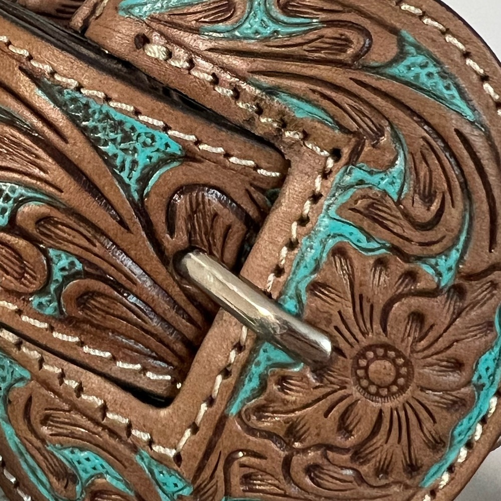 Hand-tooled Leather Black silver buckle Turquoise Belt Myra Bag Western boho M - Picture 8 of 8